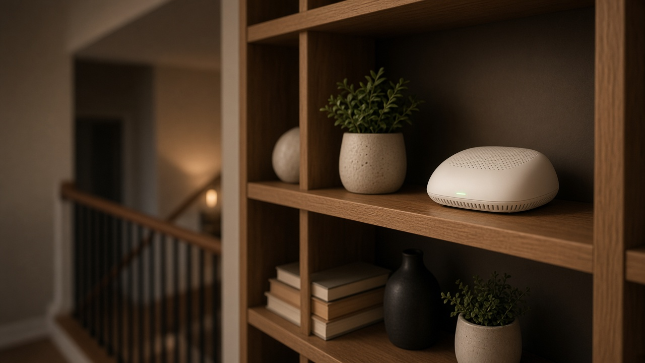 Mesh Wi-Fi nodes glowing across soft interior room panels