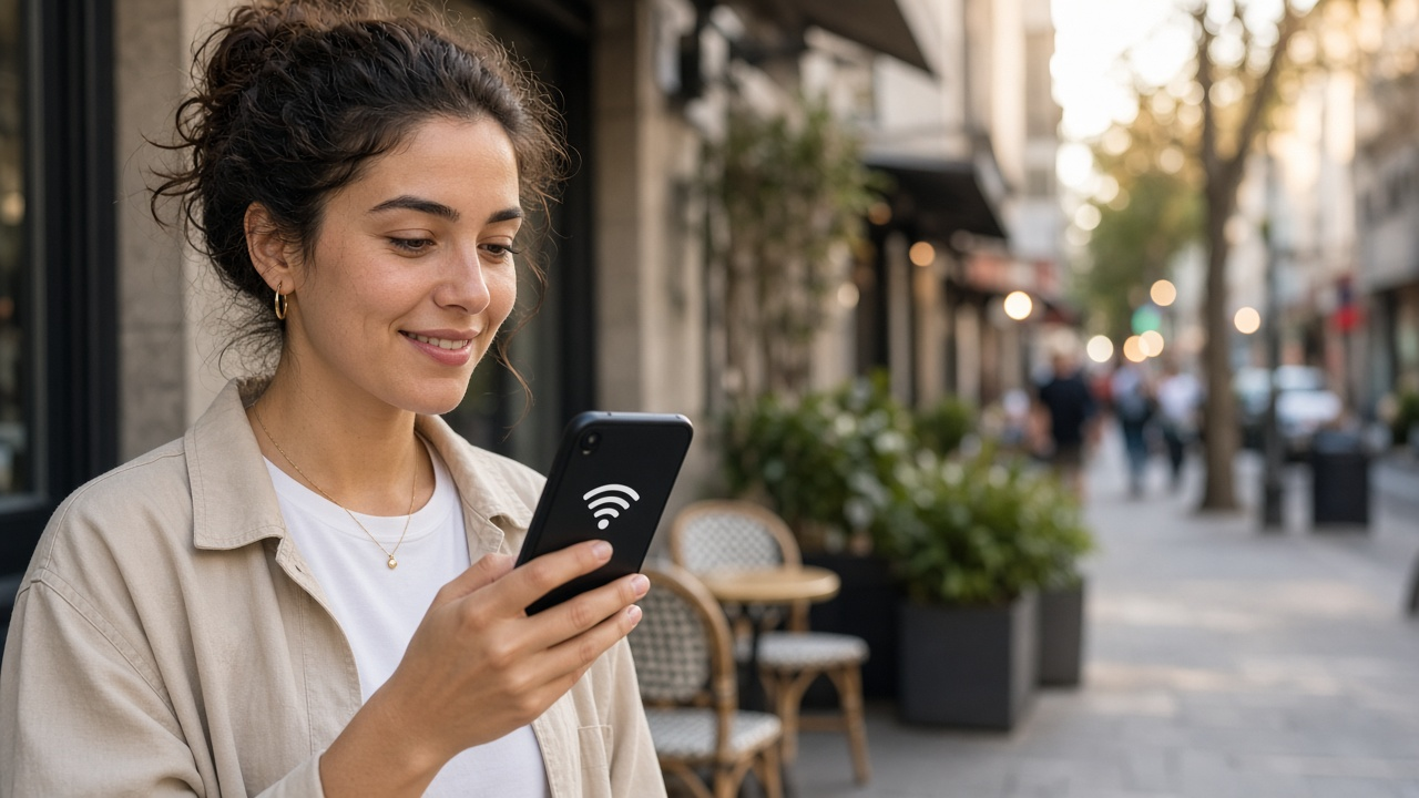 Person on a sunny cafe sidewalk holding a phone with a white Wi-Fi icon on the back