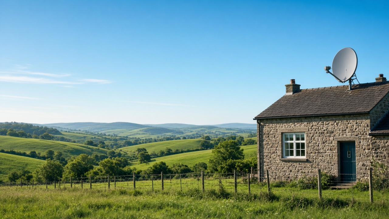 Stone rural cottage with a white rooftop satellite dish overlooking green rolling hills