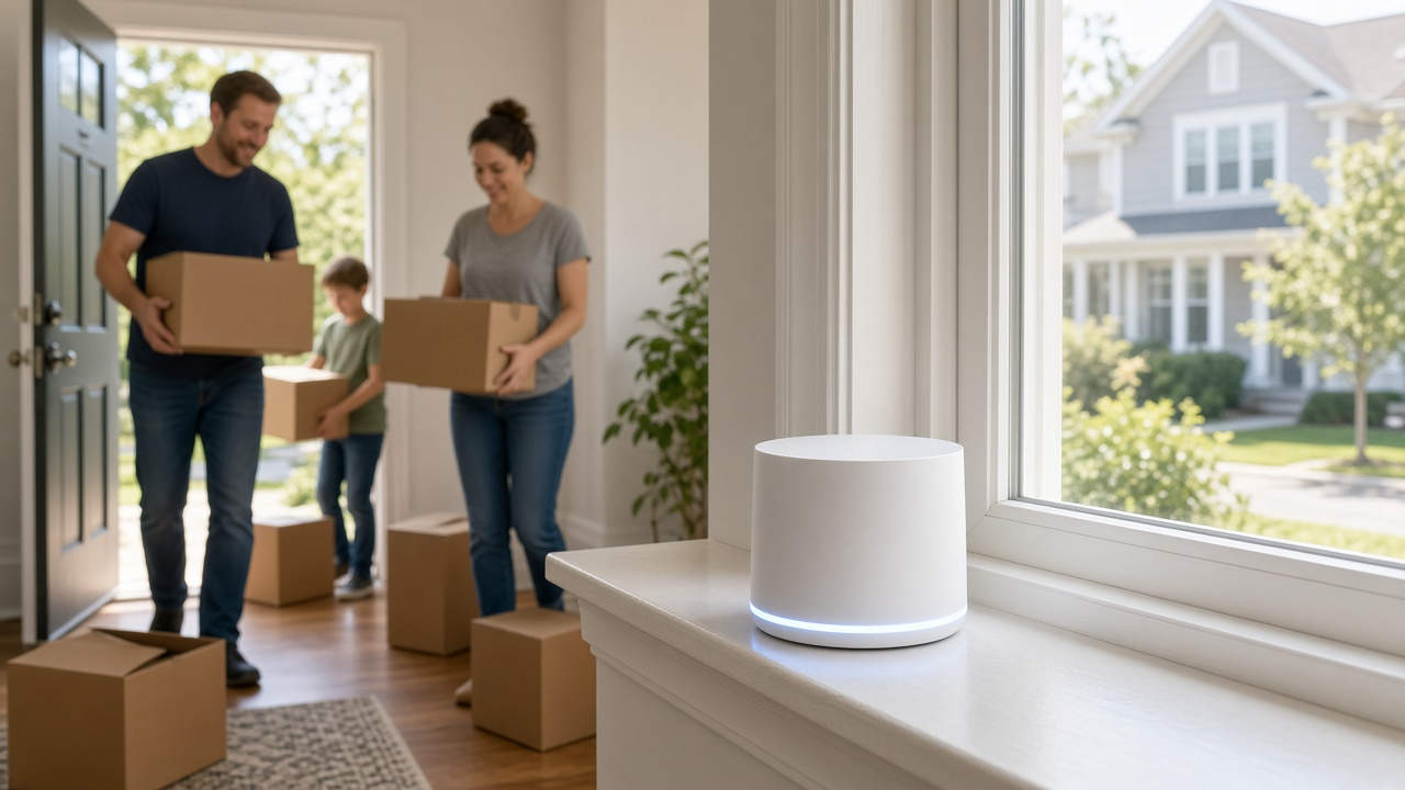 Family packing for a move with a 5G home internet gateway ready to relocate