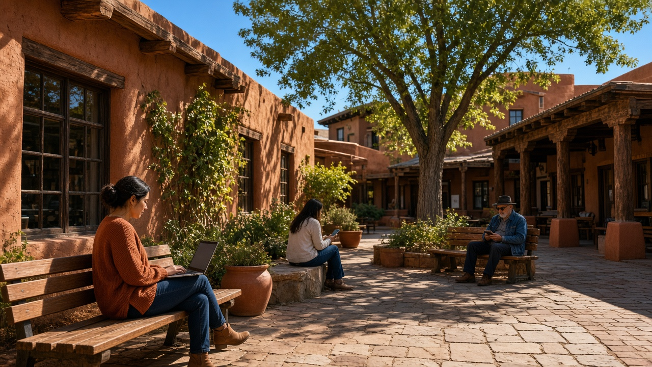People using devices in a New Mexico public plaza with outdoor connectivity