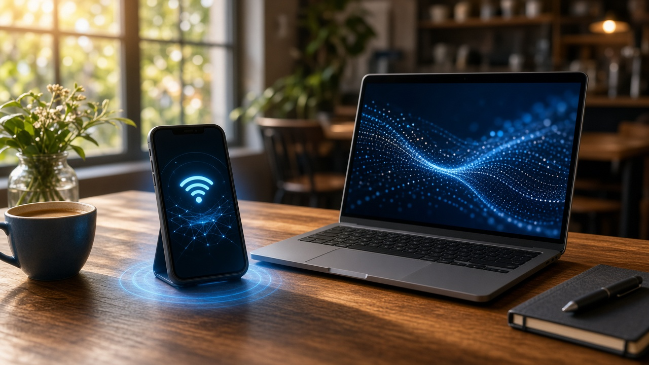 Smartphone and laptop on a sunlit cafe table with Wi-Fi and mobile-data graphics