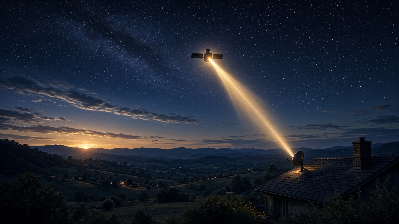Night sky satellite beaming golden light to a rural home rooftop dish